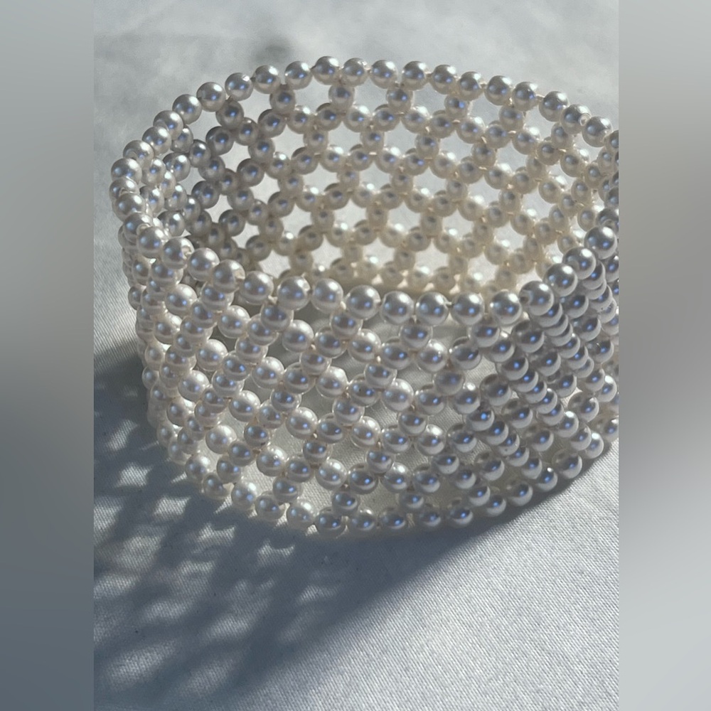 Pearl Beaded Lattice Style White Stretch Coquette Cuff Retro Vintage Bracelet